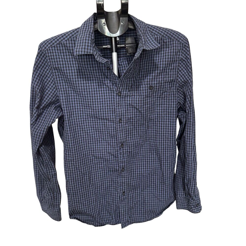The North Face Button Up Collared Shirt Plaid Navy Blue Outdoors Nature Sz Med